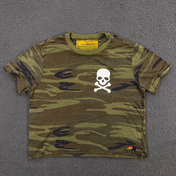 Aviator Nation Tops - Aviator Nation T-shirt Womens Large Camo Skull Cross Bones Crop Retro Crew